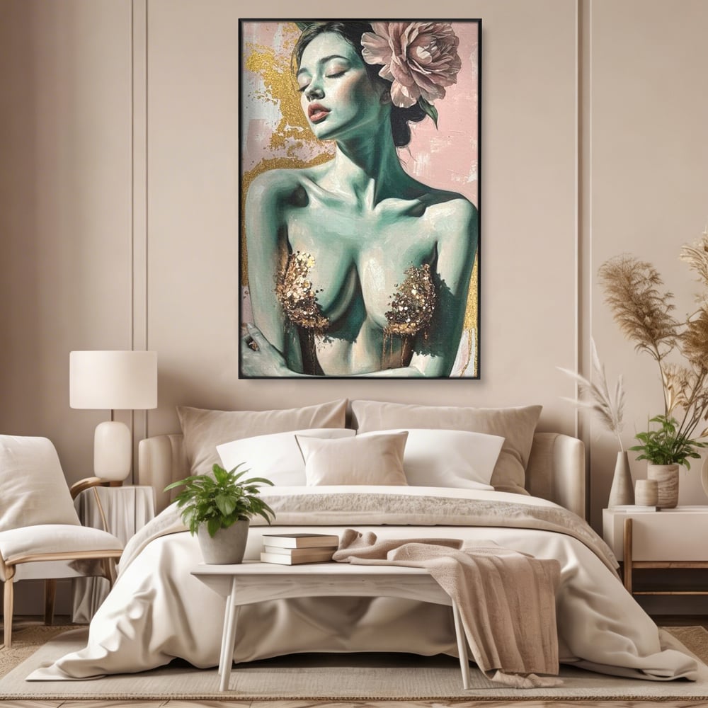 Tablou canvas cu tablou canvas cu femeie si flori roz, in rama de aluminiu negru, pe perete intr-un dormitor
